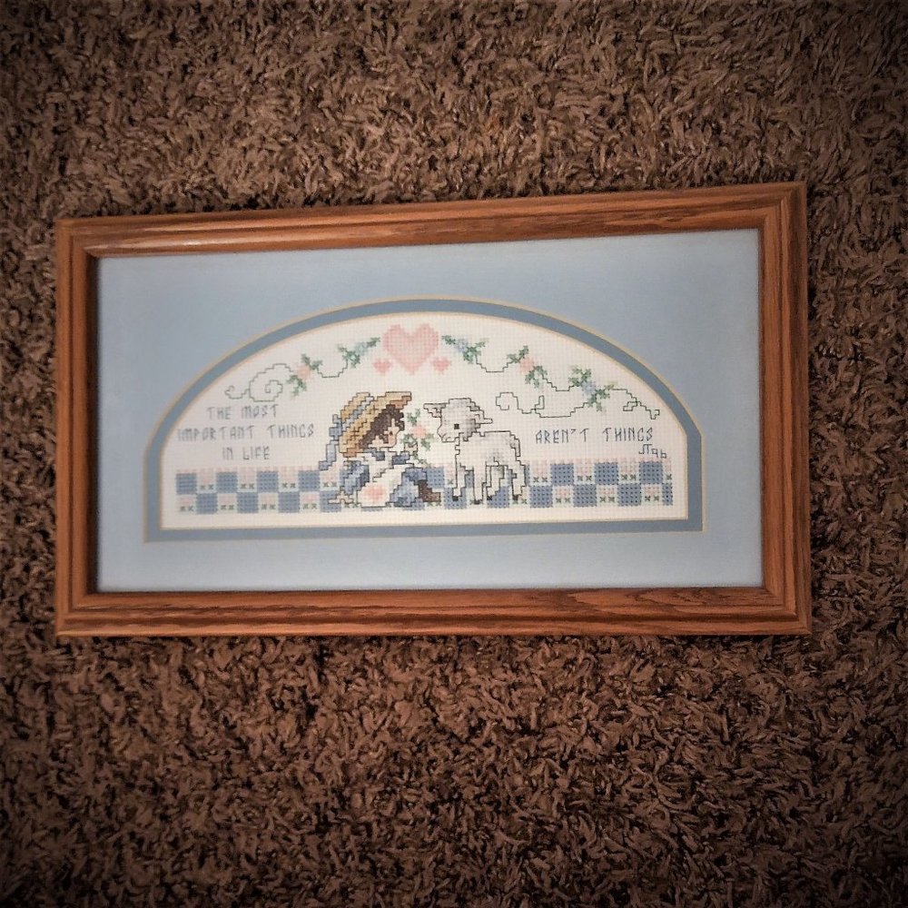 Vtg “The Most Important Things In Life ...” Completed Cross Stitch Framed1996